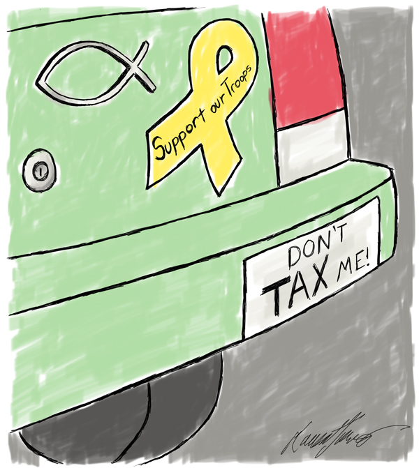 Image of the rear of a car with 3 bumper stickers.  A "Support our Troops" ribbon, a Christian fish, and a "Don't Tax Me" sticker.  