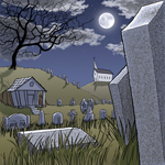 A night scene of a cemetery.