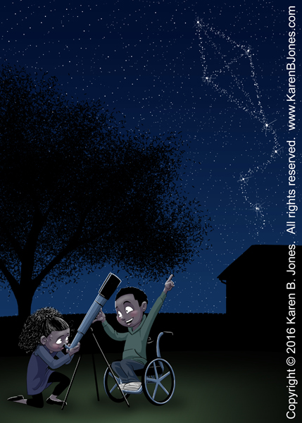 A boy and a girl use a telescope to look at a kite-shaped constellation in the night sky.