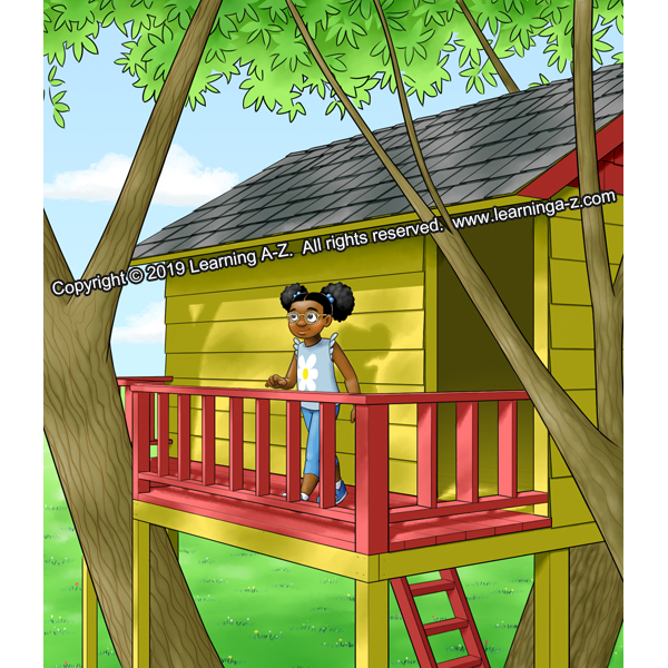 Girl walks out onto treehouse balcony