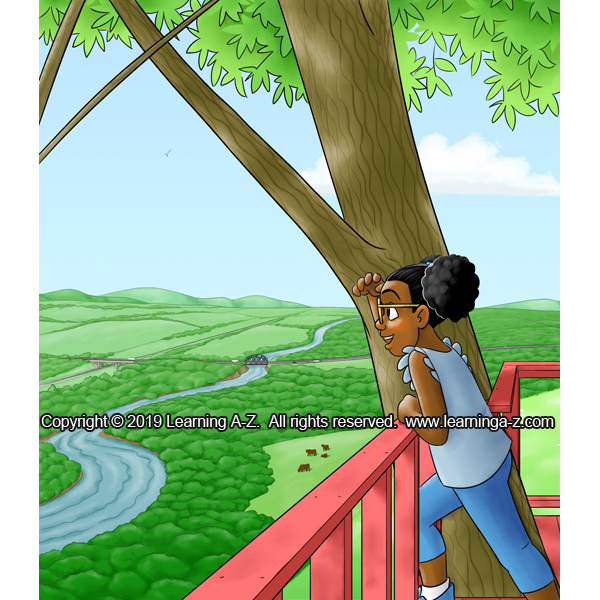 Girl looks out at the view from her treehouse balcony