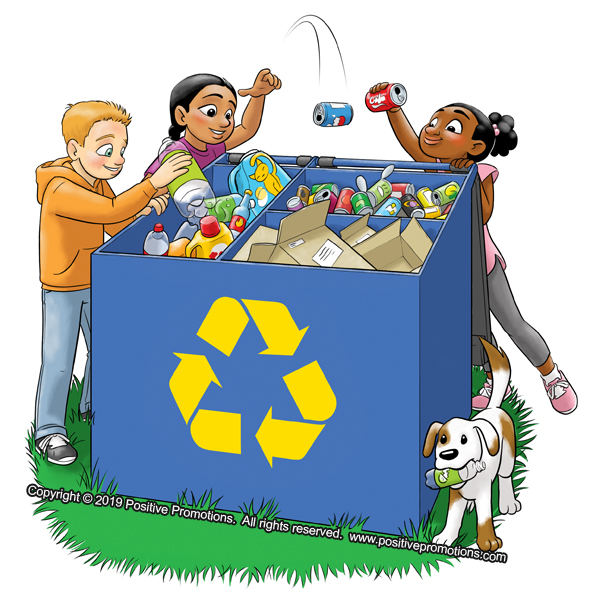 Three children toss recyclables into a divided bin