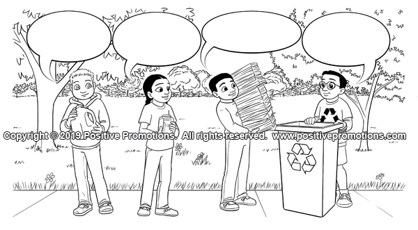 Children bring recyclables to a recycling bin