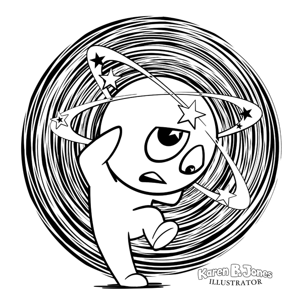 A chibi style character staggering and dizzy.  