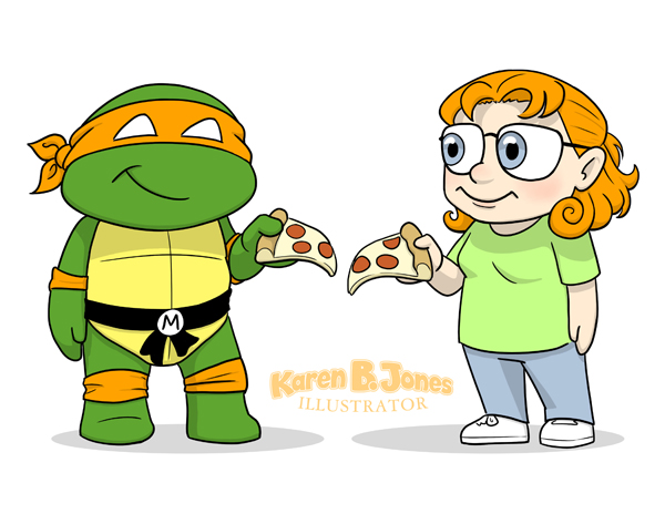 A color, chibi style image of a woman named Hope having pizza with Michelangelo of the Ninja Turtles.  