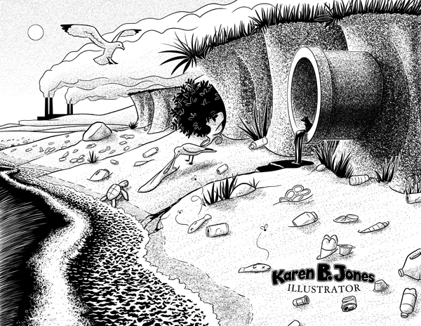 A ink drawing of a polluted beach covered with trash and dead sea life.  A power plant is visible in the background and a pipe is dripping something foul-looking on the right.  Two seagulls are picking through the trash.  