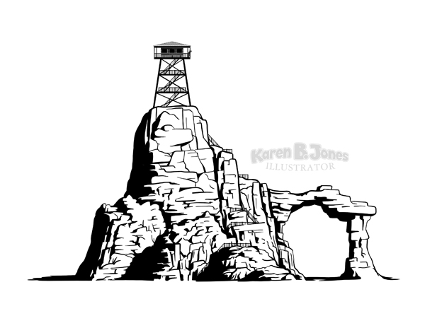 A black and white drawing of a rock formation with an arch. On the very top is a tower. There are lots of stairs.