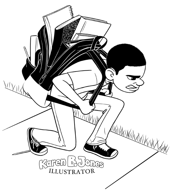 A boy shoulders a huge, bulky backpack.  It's gaping open and looks like everything's about to fall out. 