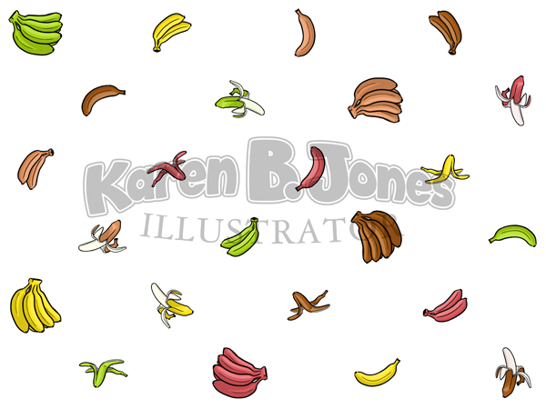 A pattern of little drawings of bananas in various colors in various orientations.  