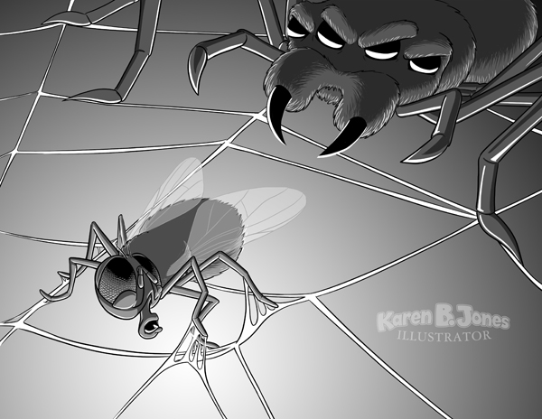 A housefly frantically tries to pull its feet free from a spider's web as the spider looms behind it