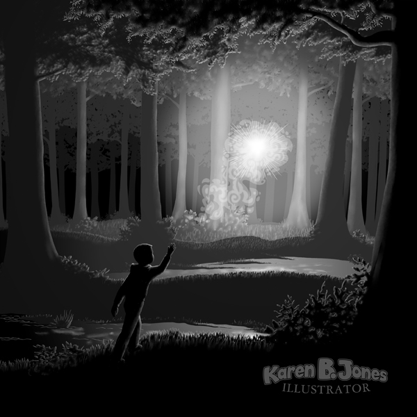 A will 'o the wisp lights up a swampy nighttime forest.  A boy is following it.  