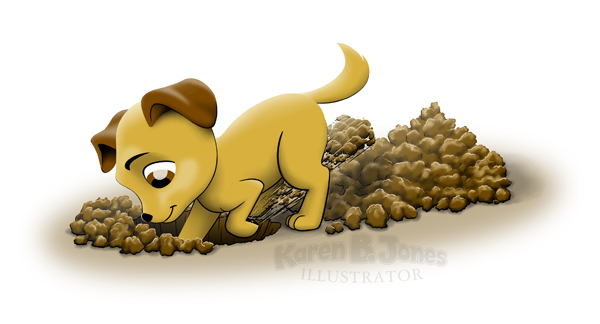 A cartoon dog digging a hole.  