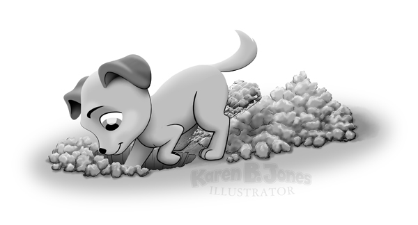 A cartoon of a puppy digging a hole in the ground.  