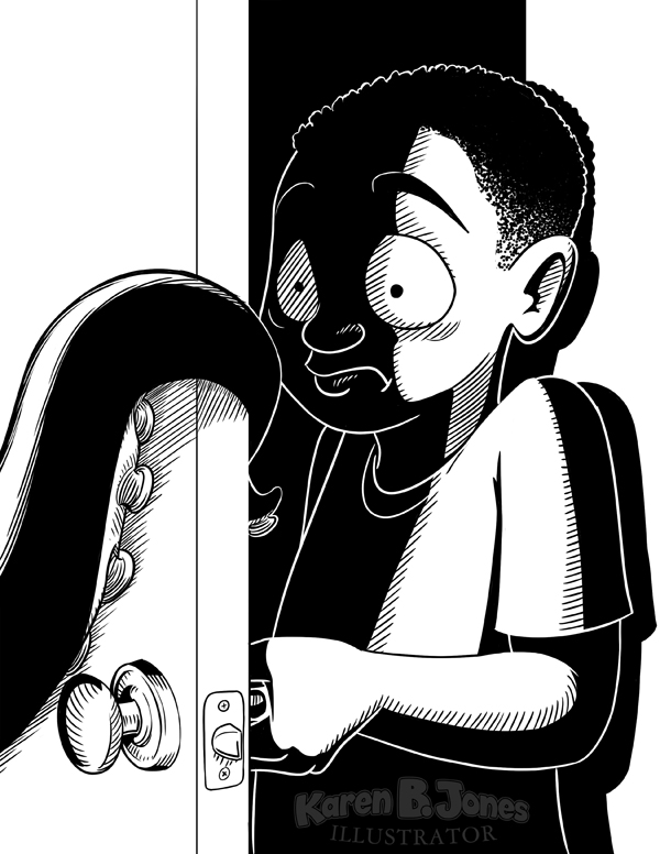 A boy hides behind a door as a tentacle reaches around it, searching for him.  