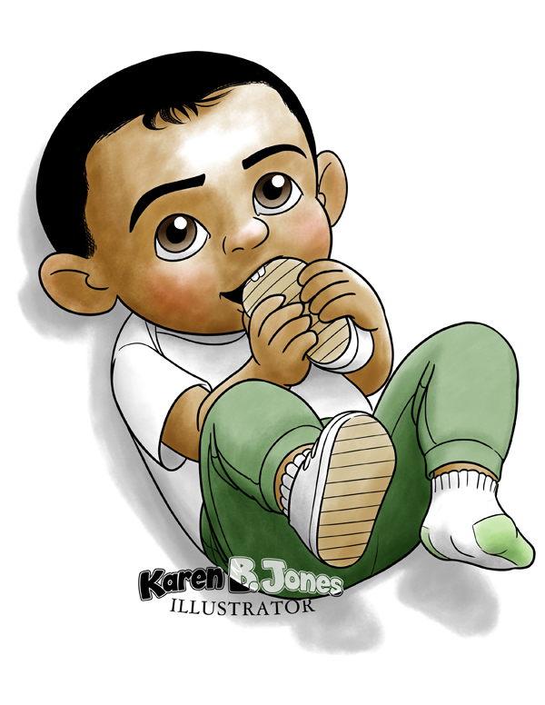 A cartoon drawing of a toddler chewing on his shoe that he pulled off his foot.  It's in color.  