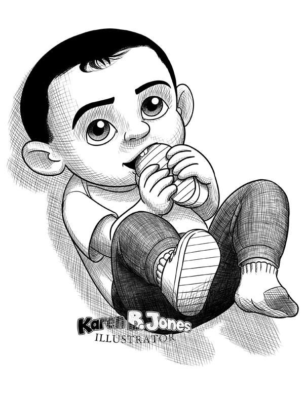 A cartoon, line drawing of a baby boy who has pulled off one of his shoes and is chewing on it.  We can see he has just two front teeth on the top.  