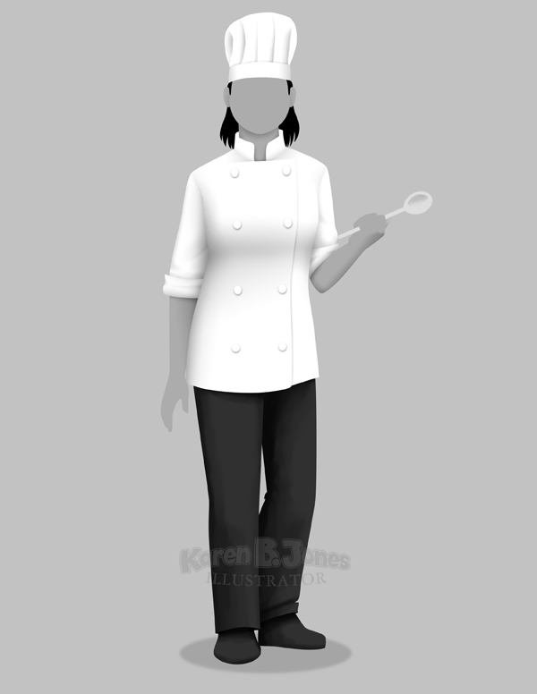 An illustration of a woman in a chef's uniform standing with a spoon in her hand.  Drawn in a simplified style without a face or detailed hands.  
