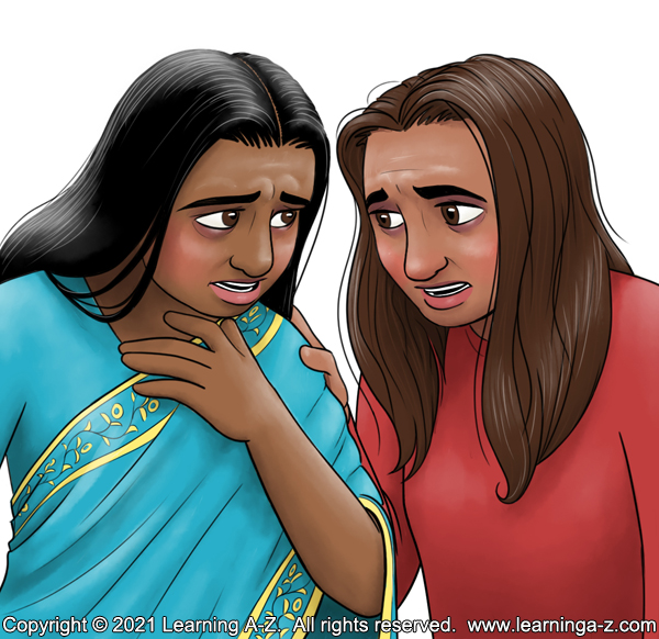 An illustration for page 10 of The Neighborhood's Night by Juliana Catherine. The two moms lean in close together discussing what's happened. They're both tired and very worried.