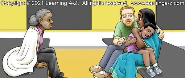 An illustration for page 13 of The Neighborhood's Night by Juliana Catherine.  A family sits on a cot opposite an ash-covered old woman.  The girl cries in her mom's lap, and both her parents look stunned and worried.  