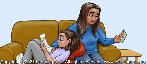 An illustration for page 15 of The Neighborhood's Night by Juliana Catherine.  A girl curled up on her couch leans back against her mother who is sitting beside her.  The girl is reading a letter and the mother is looking at some photo prints.  They are both smiling.  