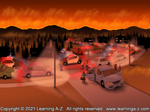 An illustration for page 6 of The Neighborhood's Night by Juliana Catherine.  This is an image of a neighborhood evacuating due to encroaching wildfires.  