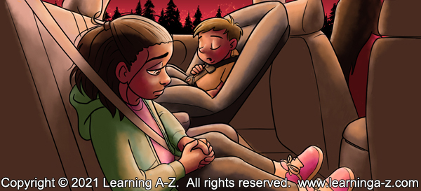 An illustration for page 7 of The Neighborhood's Night by Juliana Catherine.  It's the interior of a car showing two children in the backseat.  There's a toddler sleeping in his carseat and his sister looks sad and worried beside him.  Outside the window, the trees are silhouetted against a red sky.  