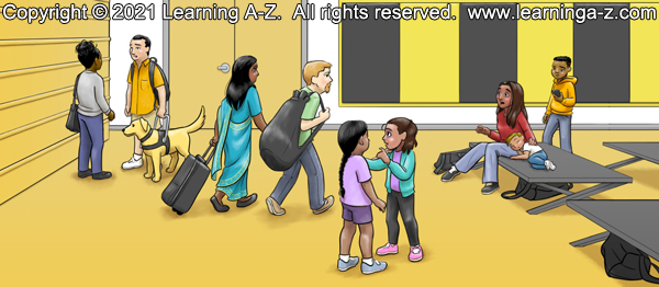 An illustration for page 9 of The Neighborhood's Night by Juliana Catherine.  Leena's family is just starting to get settled on the cots in the gym when a family they're friends with walks in.  