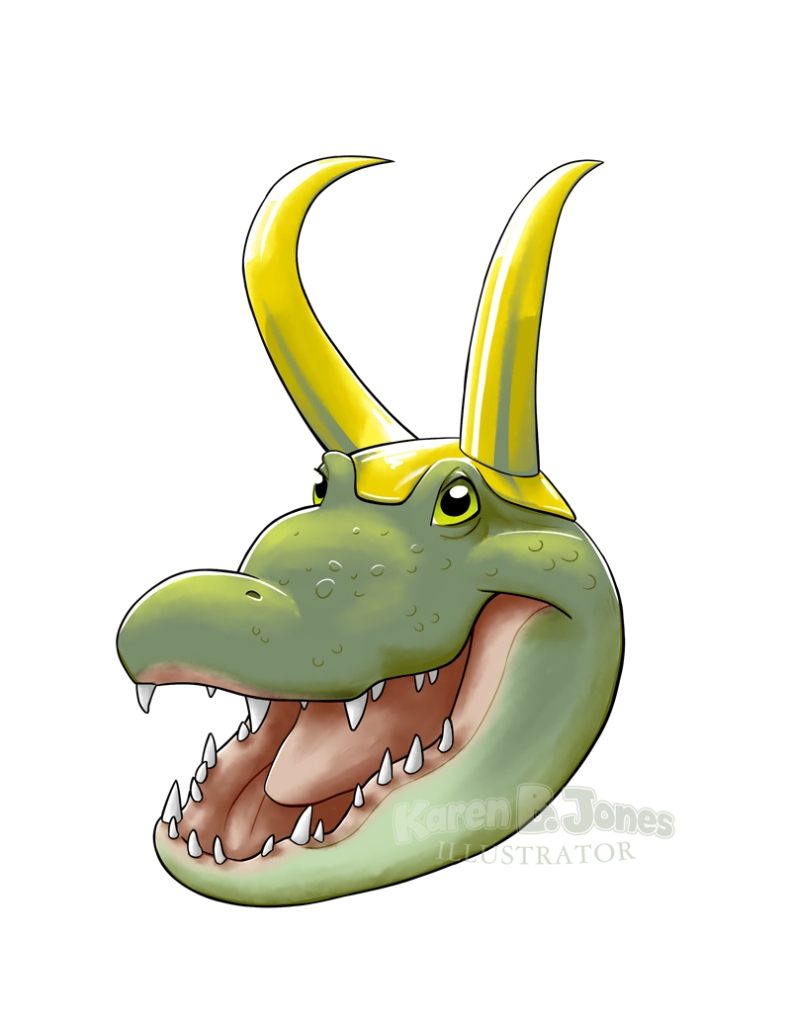 A fanart illustration of the Alligator Loki variant from the after credits scene at the end of Loki Season 1, Episode 4.  It is the head of an alligator wearing a variation of the trademark horned Loki helmet.  