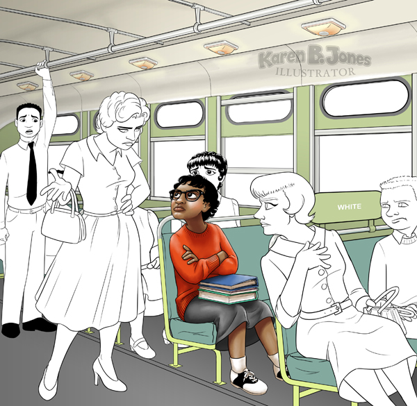 A work in progress image.  It is to be an illustration of Claudette Colvin's refusal to yield her seat to a white woman in Montgomery, AL.  The scene shows the interior of a segregated bus with Miss Colvin seated and defiant in her spot and the other passengers reacting to her according to their role in the event.  The colors and shading are done on Miss Colvin, but the other characters have final lines, but no colors or shading.  