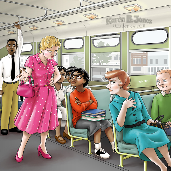 A historical illustration of Claudette Colvin as she refuses to vacate her seat on a Motgomery Alabama bus on March 2, 1955.