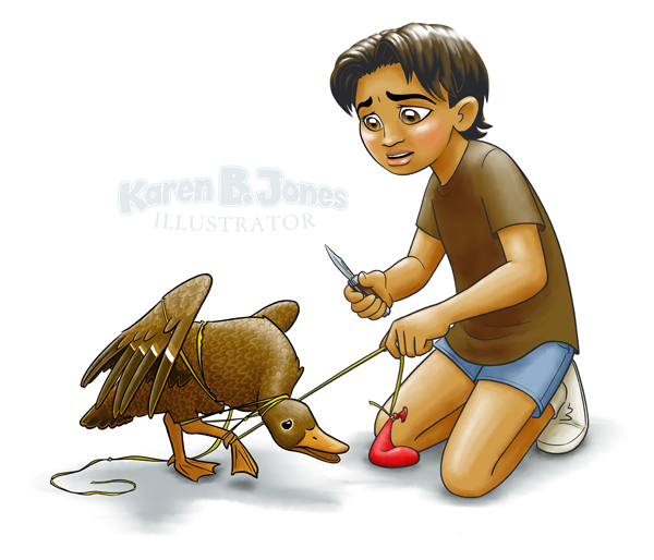 A girl kneels, preparing to cut a tangled balloon string off of a trapped duck with a pocket knife.