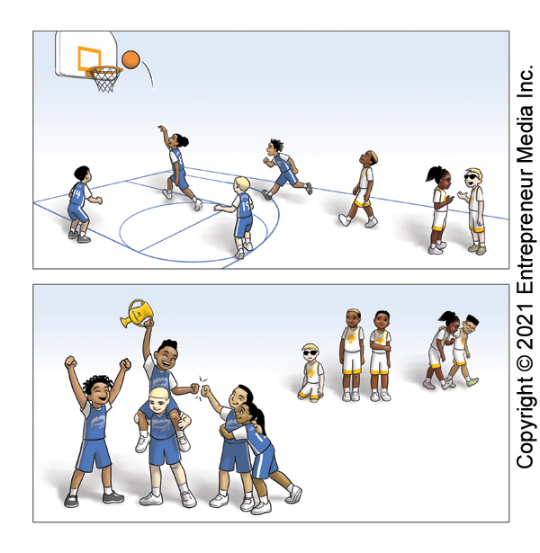 Two comic book panels.  The first is a basketball game between the Jackrabbits and the Sea Turtles.  The Sea Turtles are playing hard, but the Jackrabbits aren't paying much attention.  The second panel has the Sea Turtles with the championship trophy and the Jackrabbits sad and shocked that they were defeated.  