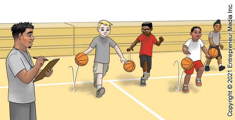 Four kids are practicing dribbling basketballs under their coach's supervision.  