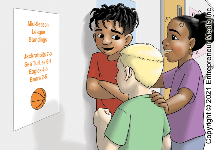 In a school hallway, three members of the Sea Turtles basketball team stand around a poster showing the Mid-Season League Standings for four teams.  One boy leans on the wall, the girl has her hands on both boys shoulders.  And the other boy faces away from the viewer with one hand in a fist.  