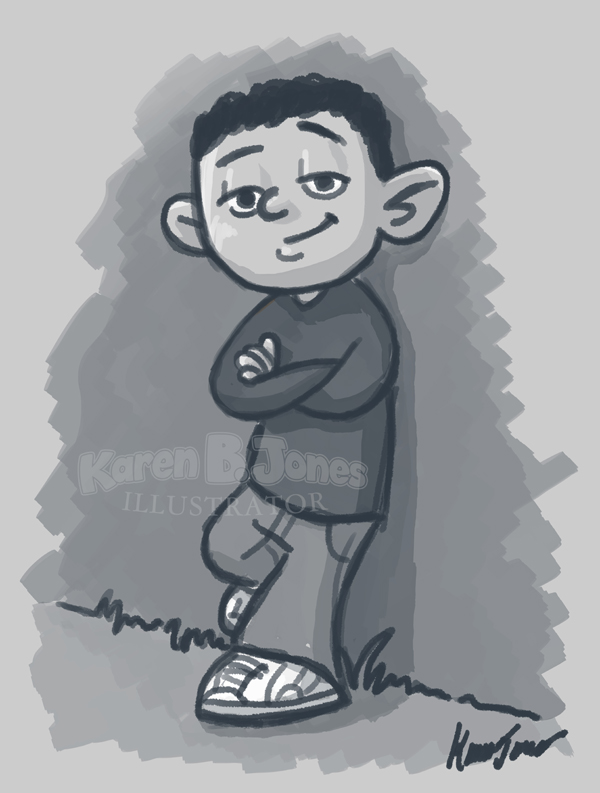 An illustration of a boy leaning back against a wall with arms crossed.  