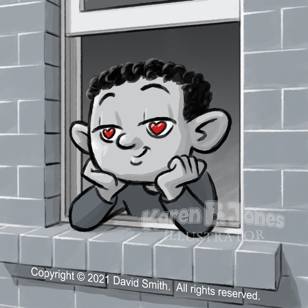 A black and white cartoon illustration of a boy leaning out an open window in a brick wall. His elbows are on the windowsill, chin resting in his hands. He has a small smile on his face and his eyes are half-lidded and have red, heart-shaped irises.  