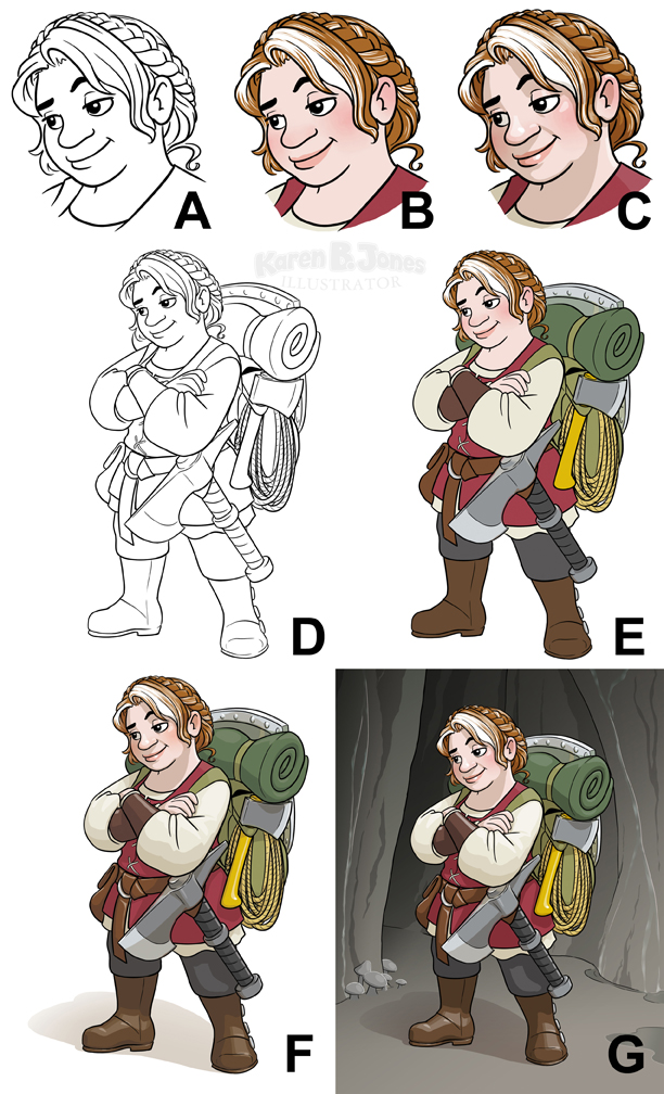 Art samples for seven different versions of the same image, described in the text below.  