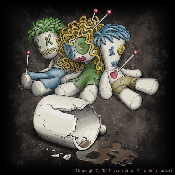 An illustration of three voodoo dolls slumped together in front of a spilled, cracked coffee cup. Copyright © 2022 Isaiah Vest.