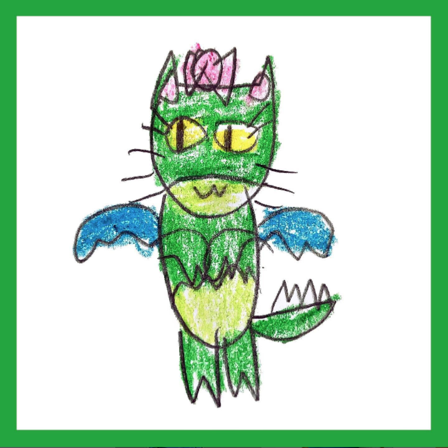 A child's drawing.  A monster that looks to be a hybrid of a cat, bird, dragon, and something with cloven hooves.  It hovers, isolated on white.  
