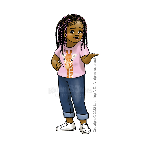 A cartoon illustration of a black girl.  She's standing with one hand on her hip and the other raised, palm up.  She's wearing a pink t-shirt with a giraffe print, jeans with the cuffs rolled up, and sneakers.  Her hair is in braids.  