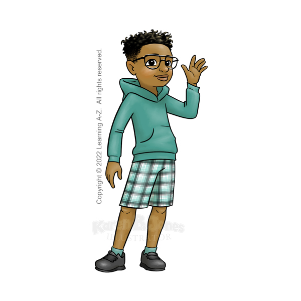 A black boy aged 7-9 stands with one hand raised as if waving.  He's wearing plaid shorts, a turquoise hoodie, and sneakers.  He's also wearing glasses.  