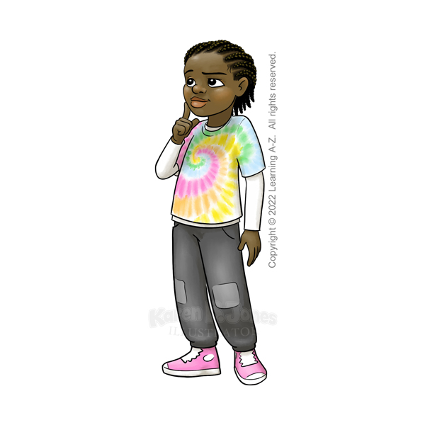 A child aged 7-9 stands with one finger to their cheek in a thoughtful expression.  They are wearing a pastel tie-dye t-shirt over a white long-sleeved t-shirt, a patched pair of sweatpants, and sneakers.  Their hair is in short cornrows.  Their gender expression is ambiguous.  