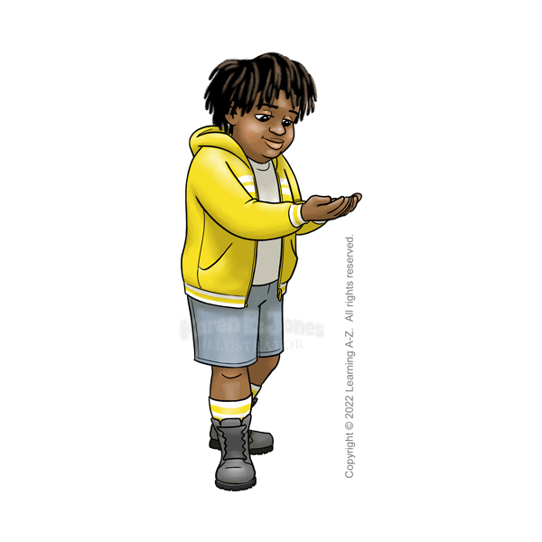 A black child aged 10-12 standing with both hands held up, as if cupping something unseen in their palms. They're wearing a t-shirt, zip-up hoodie with stripes, jean shorts, boots, and tall socks. Their hair is in skinny dreadlocks.