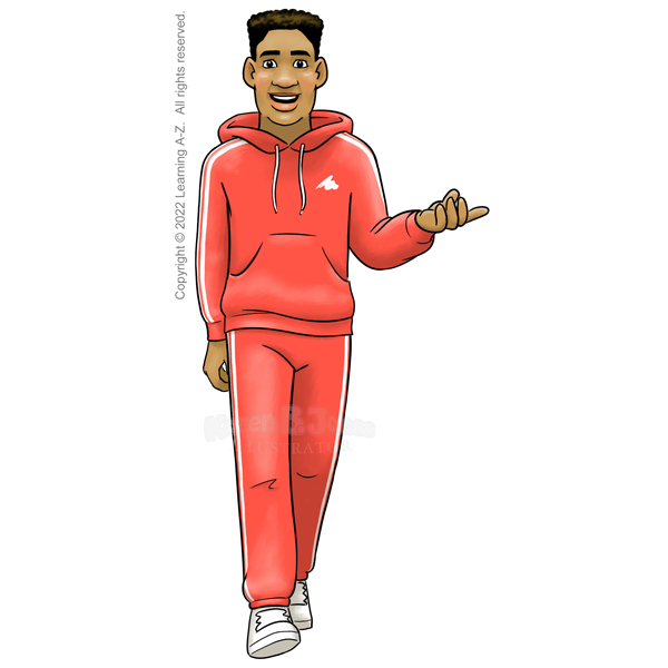 A black man walks with one hand gesturing as if speaking. He's wearing a red track suit with white stripes and sneakers.