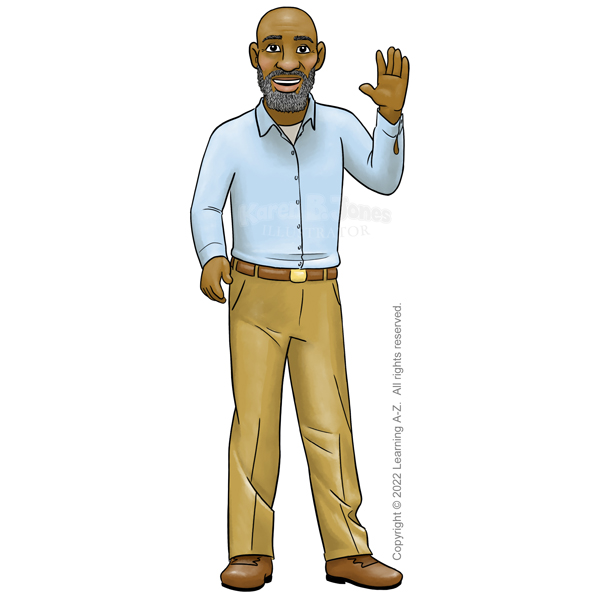 An elderly black man stands with one hand raised as if waving.  He's bald with a beard.  He's wearing a blue dress shirt with slacks and dress shoes.  