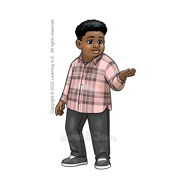Black boy aged 7-9 standing with his hand raised, palm up, as if holding something.  He's wearing a salmon and black plaid button up shirt, black jeans, and sneakers.  