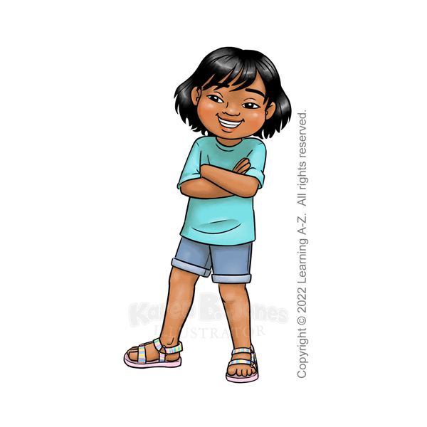 A girl aged 4-6 is standing with her arms crossed over her chest. She is grinning and laughing. She is either Native Hawaiian or Pacific Islander. She has short, chin-length black hair with bangs. She's wearing a turquoise t-shirt, jean shorts, and striped, pink sandals.