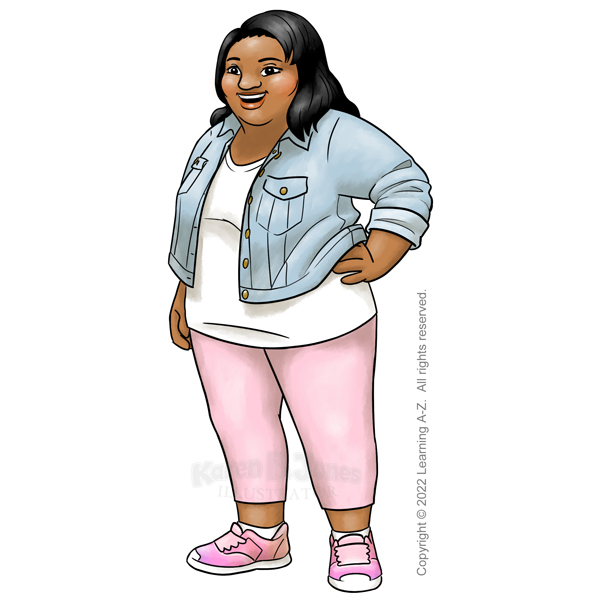 A woman stands with one hand on her hip.  She is Native Hawaiian or Pacific Islander.  She has a larger body type.  She's wearing a white t-shirt, short jean jacket, leggings, and pink sneakers.  Her straight, black hair falls just past her shoulders.  