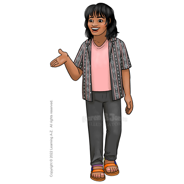 A Native Hawaiian or Pacific Islander man walks towards the viewer. He is smiling and gesturing as if speaking. He has shoulder-length black hair. He is wearing a Hawaiian shirt with a geometric design open over a salmon-colored t-shirt. He's also wearing black jeans and multi-colored sandals.