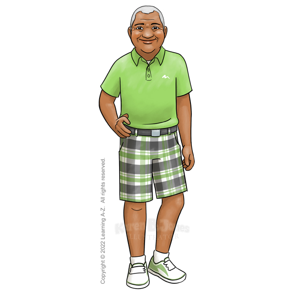 An old man stands with one hand on his hip, smiling. He's Native Hawaiian or Pacific Islander. He is dressed as if to play golf. He has a green polo shirt, green and black plaid golf shorts, and white sneakers with green trim. His hair is light grey, nearly white.